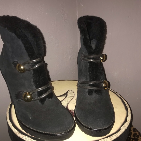 Coach Black Fur and Suede Gold Button Ankle Boots - Picture 3 of 8